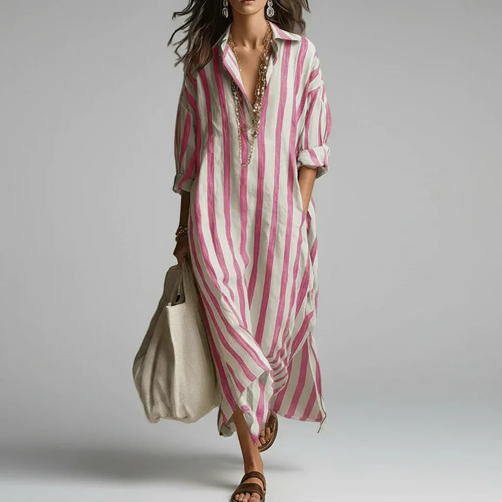 Vestido Longo Estampado Listrado Manga Longa Boho Chic Lenogue Rosa / p