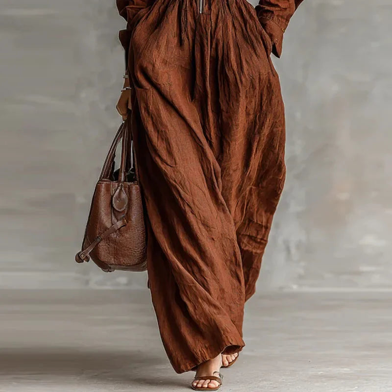 Vestido Longo Gola Lapela com Zíper Cintura Ajustável Lenogue