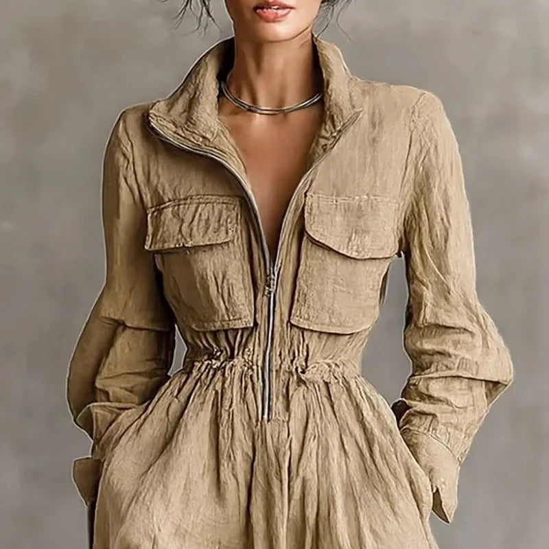 Vestido Longo Gola Lapela com Zíper Cintura Ajustável Lenogue