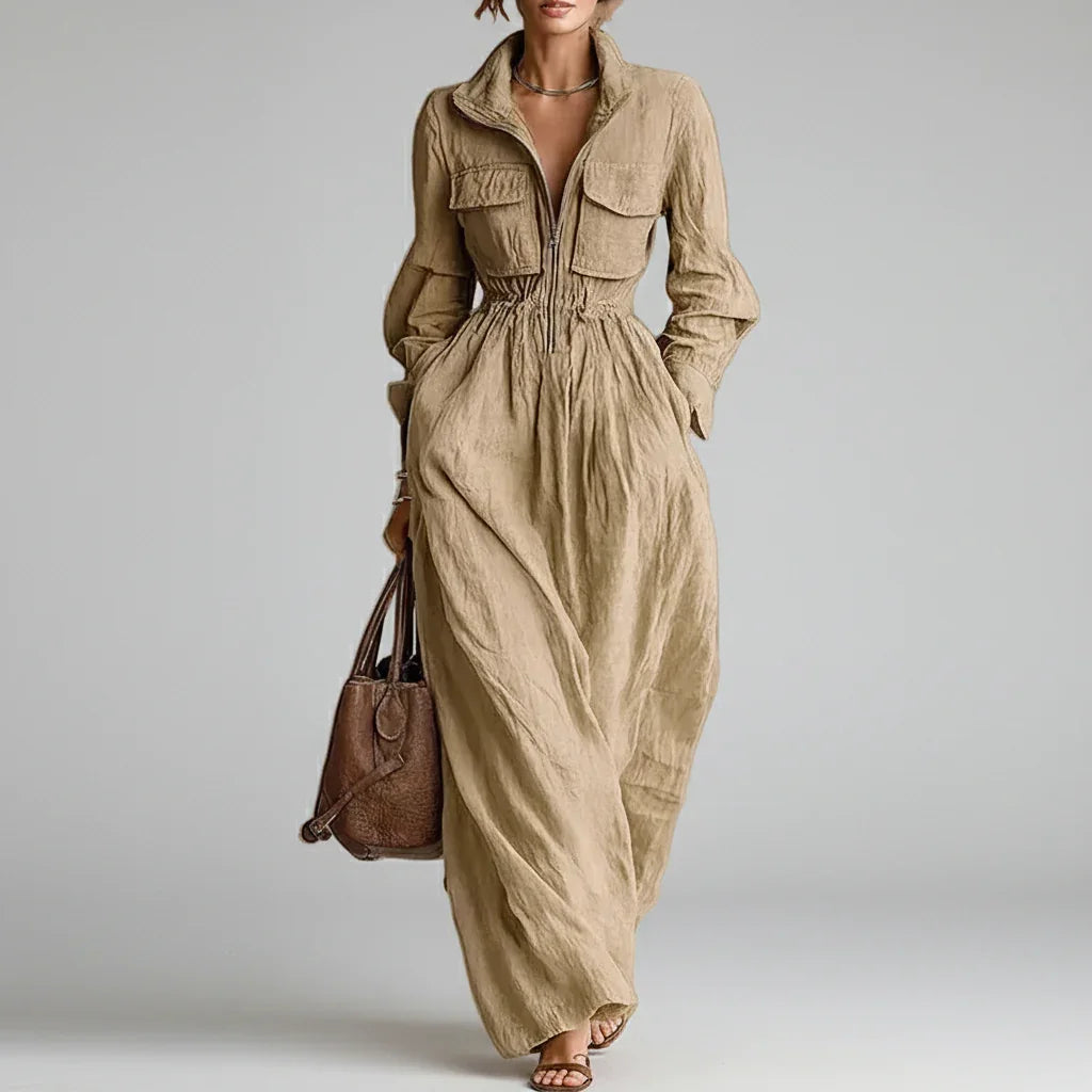 Vestido Longo Gola Lapela com Zíper Cintura Ajustável Lenogue Bege / Pp