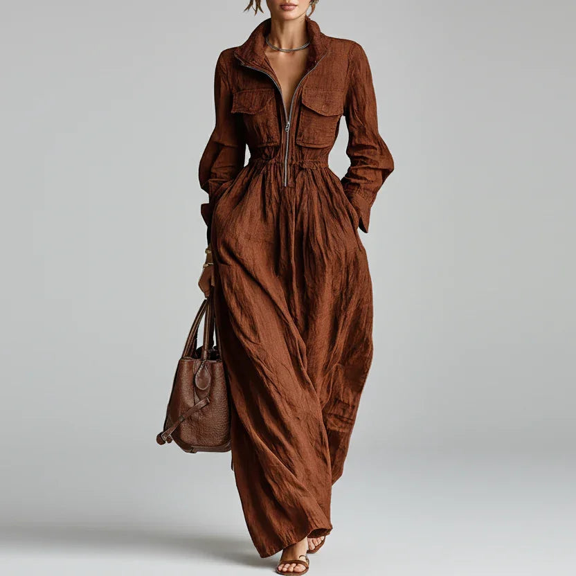 Vestido Longo Gola Lapela com Zíper Cintura Ajustável Lenogue Marrom / Pp