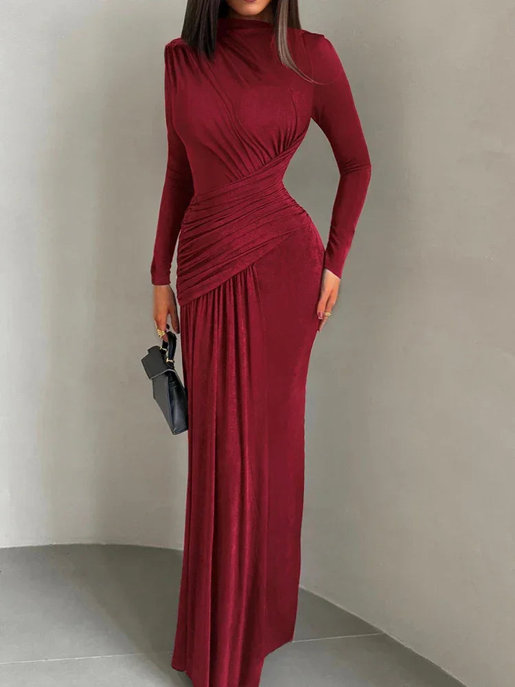 Vestido Longo Gola Redonda com Pregas Manga Longa Lenogue