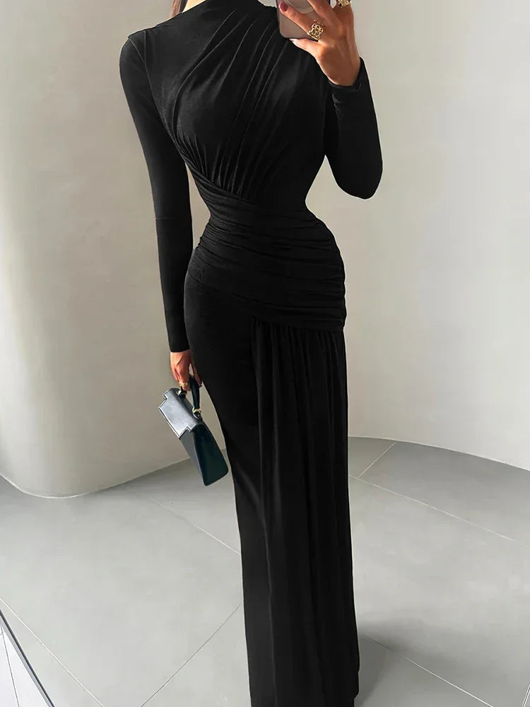 Vestido Longo Gola Redonda com Pregas Manga Longa Lenogue