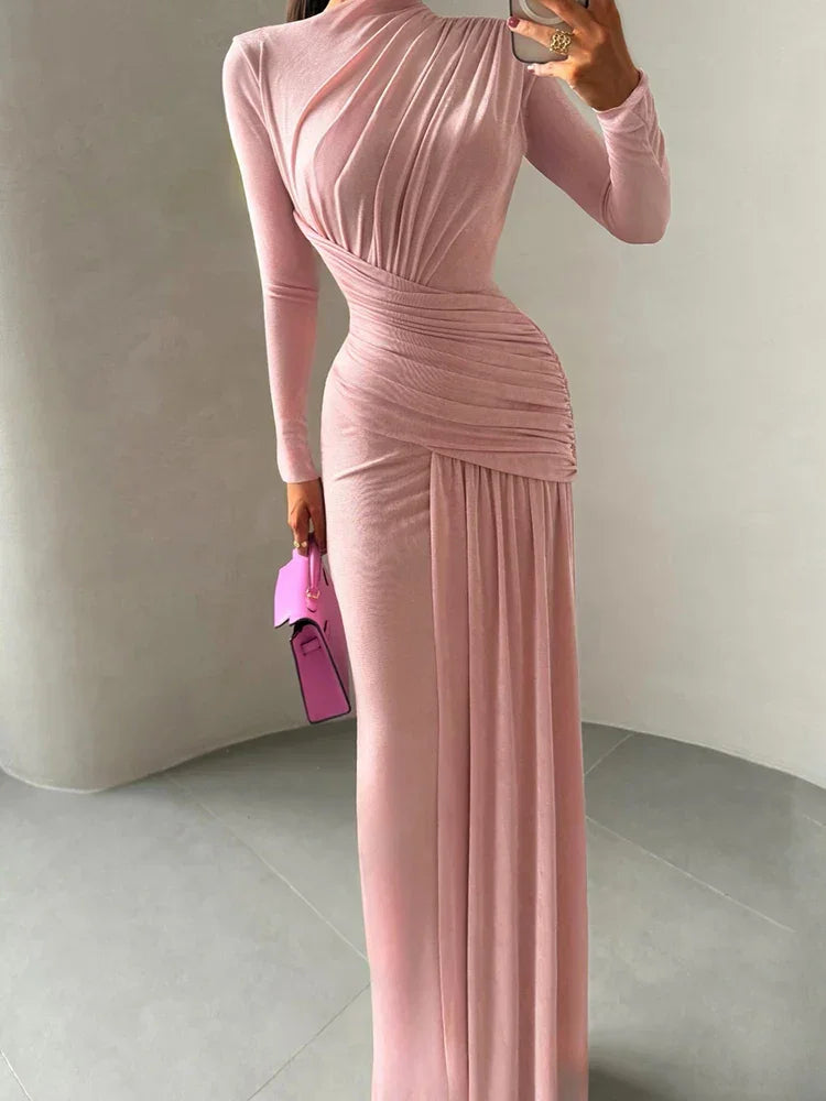 Vestido Longo Gola Redonda com Pregas Manga Longa Lenogue