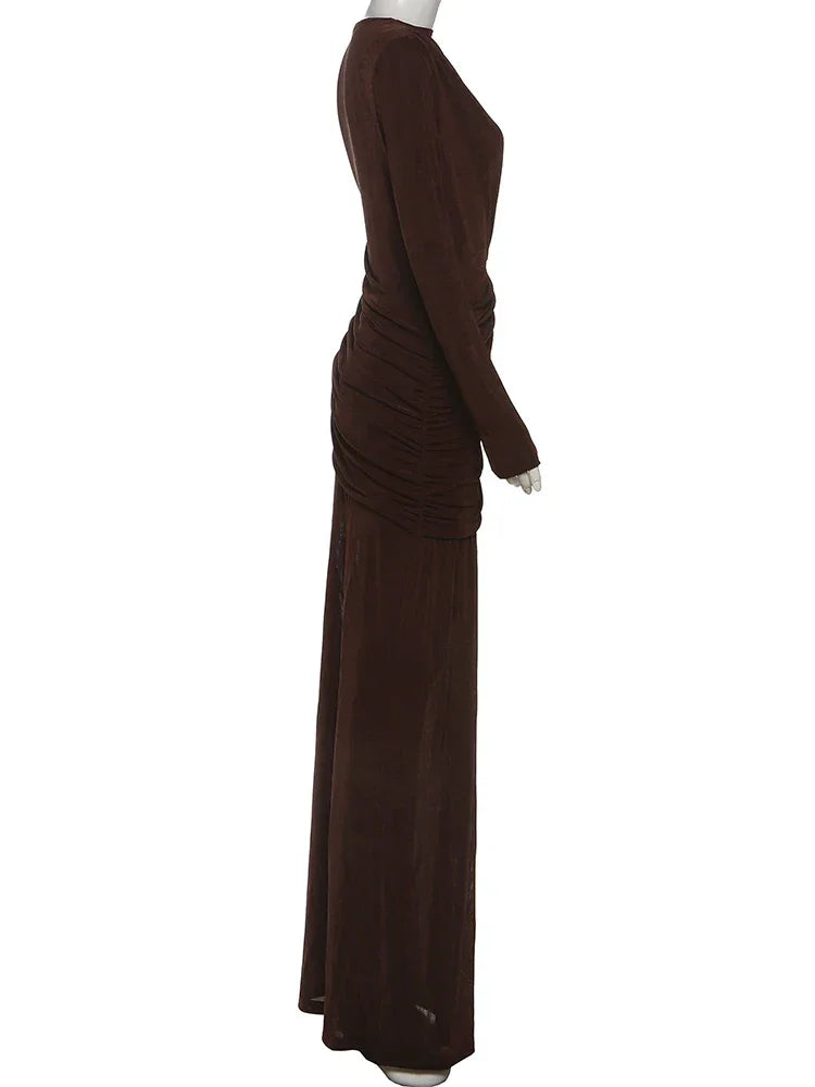 Vestido Longo Gola Redonda com Pregas Manga Longa Lenogue