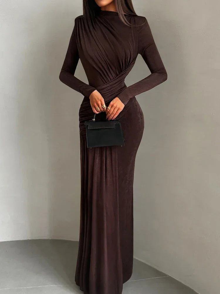 Vestido Longo Gola Redonda com Pregas Manga Longa Lenogue