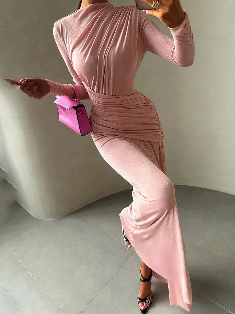 Vestido Longo Gola Redonda com Pregas Manga Longa Lenogue