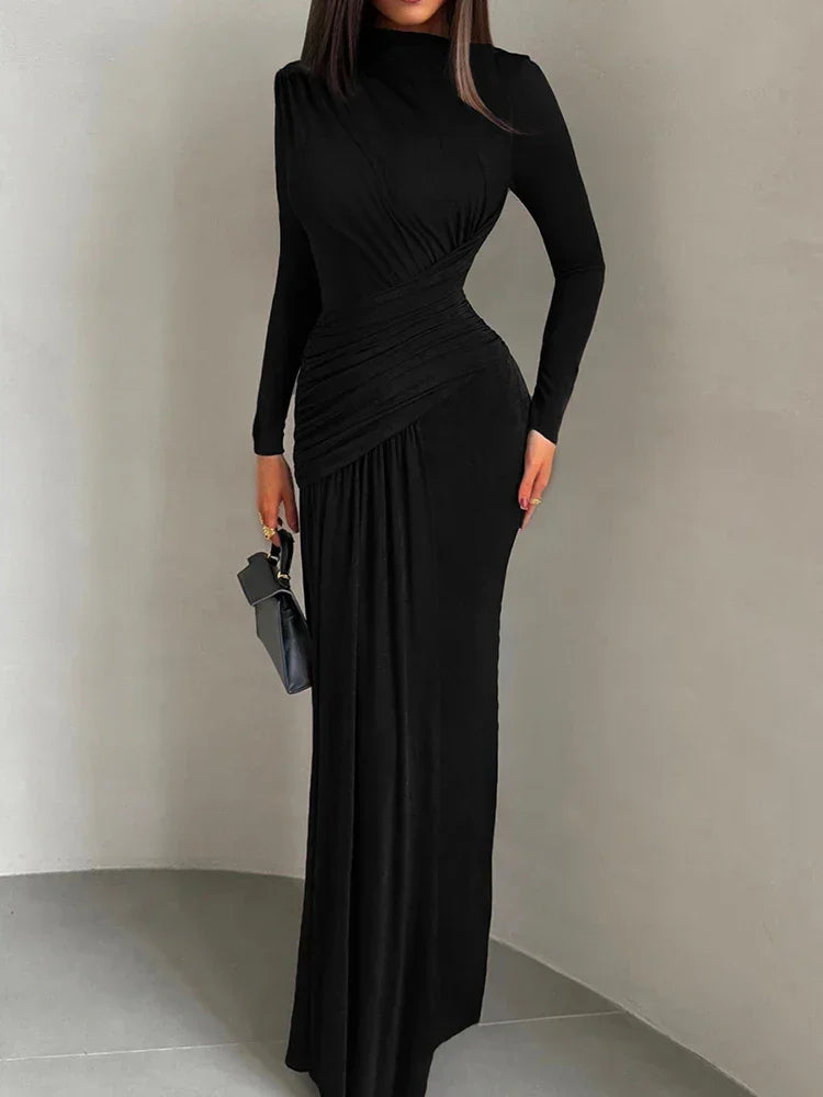 Vestido Longo Gola Redonda com Pregas Manga Longa Lenogue