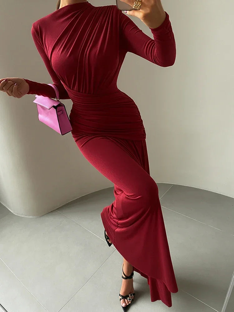 Vestido Longo Gola Redonda com Pregas Manga Longa Lenogue
