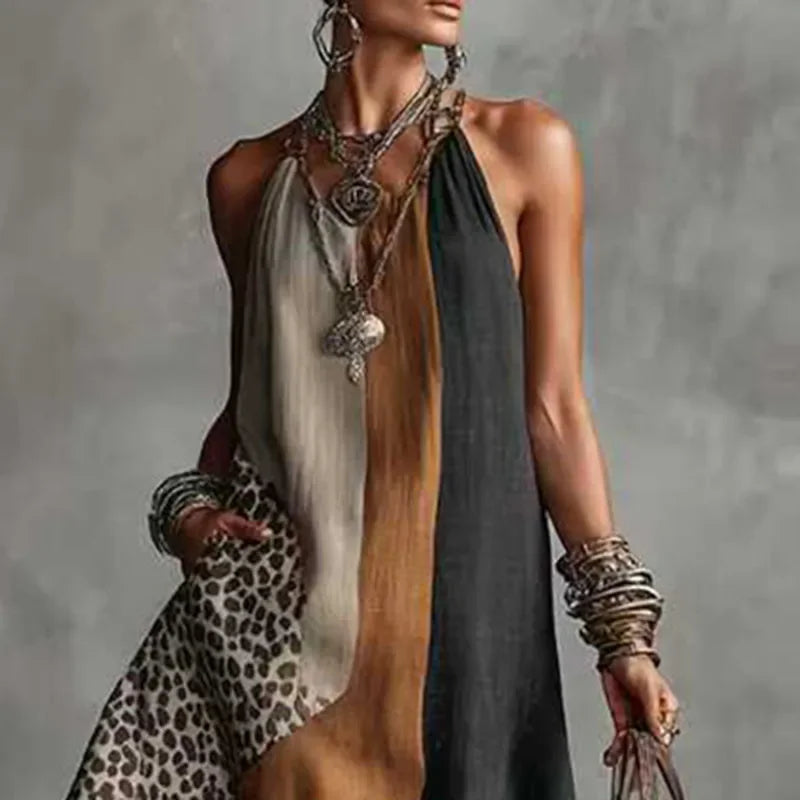 Vestido Longo Halter Animal Print Patchwork Fenda élégant Lenogue