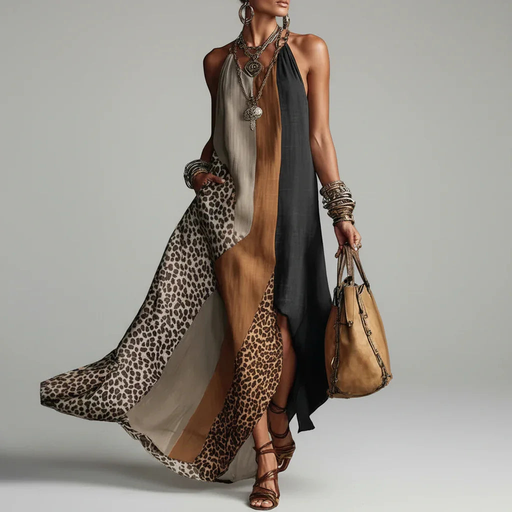 Vestido Longo Halter Animal Print Patchwork Fenda élégant Lenogue Marrom / p