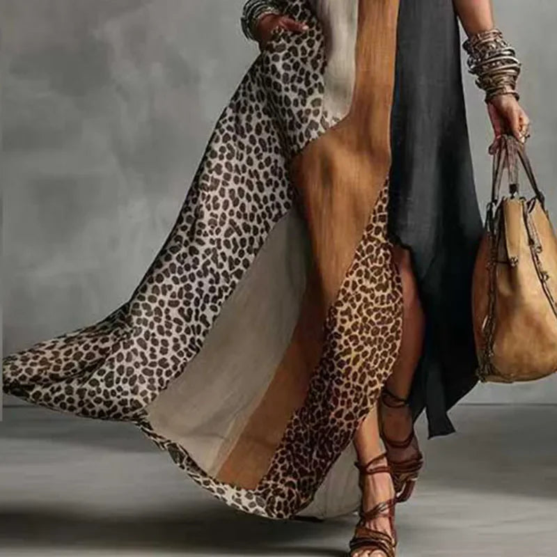 Vestido Longo Halter Animal Print Patchwork Fenda élégant Lenogue