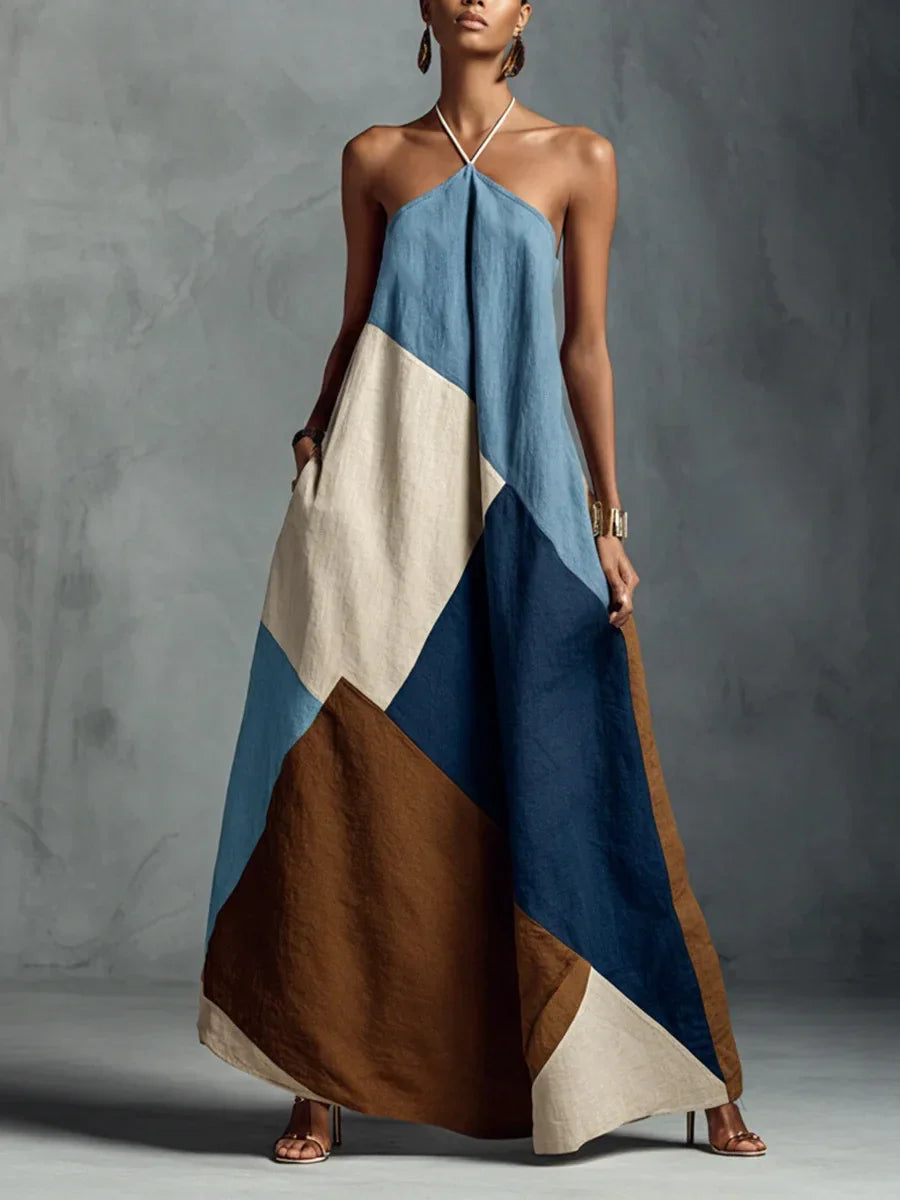 Vestido Longo Halter Patchwork Color Block élégant Lenogue