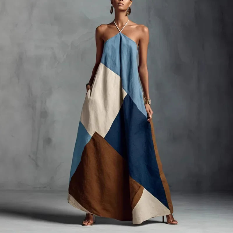 Vestido Longo Halter Patchwork Color Block élégant Lenogue