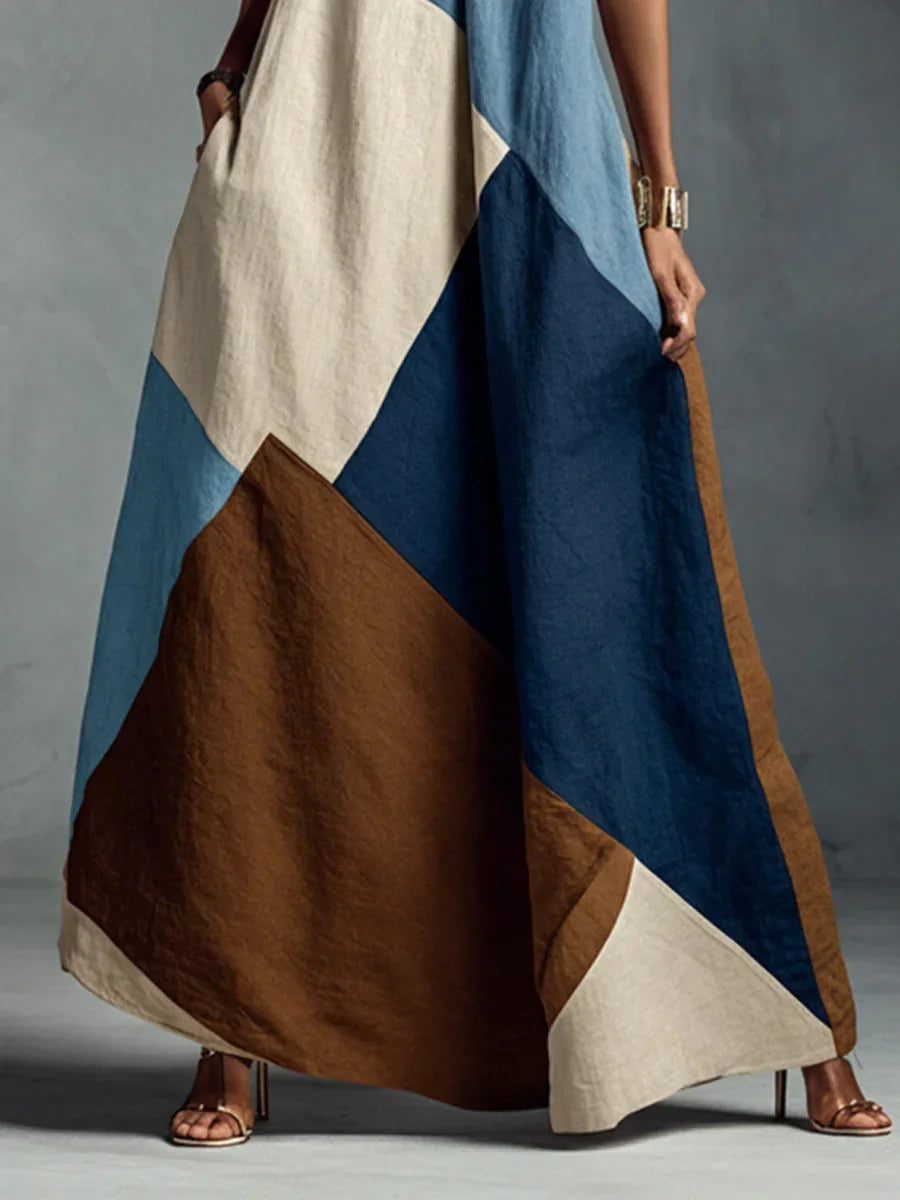 Vestido Longo Halter Patchwork Color Block élégant Lenogue