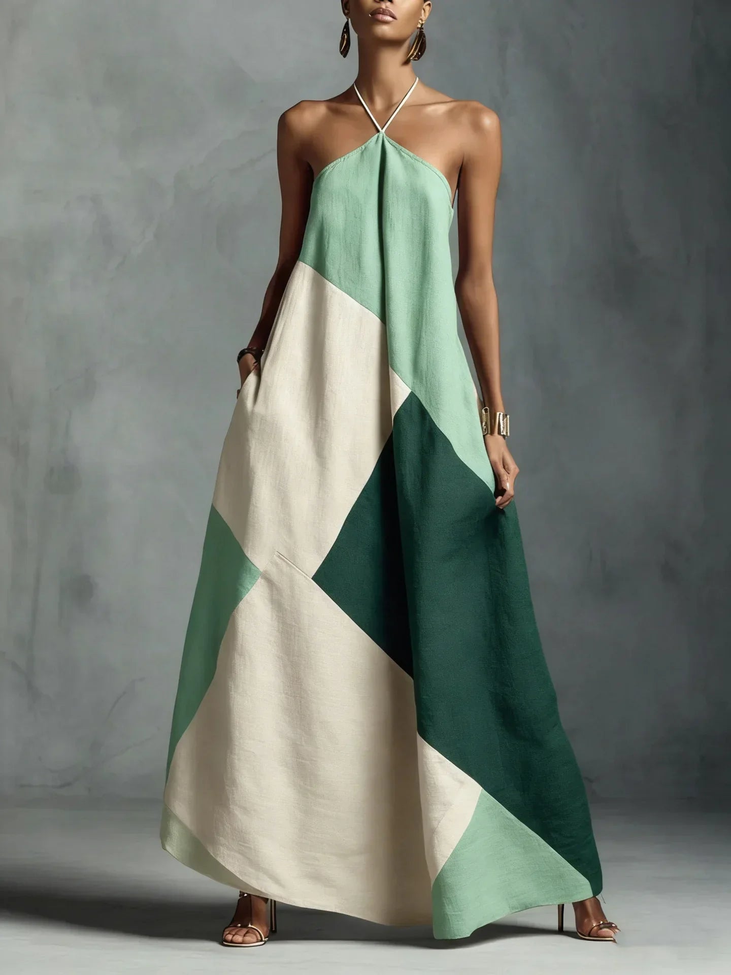 Vestido Longo Halter Patchwork Color Block élégant Lenogue