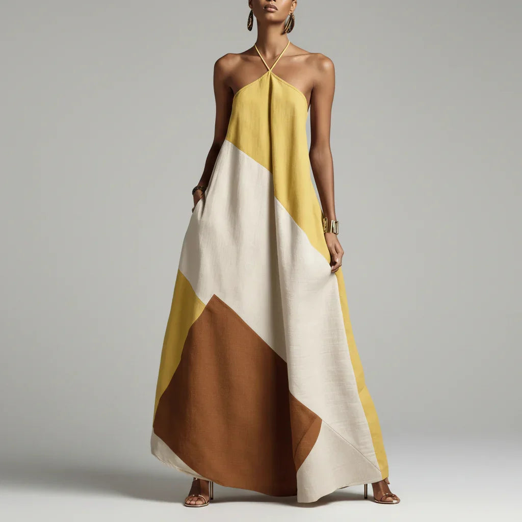Vestido Longo Halter Patchwork Color Block élégant Lenogue Amarelo / p
