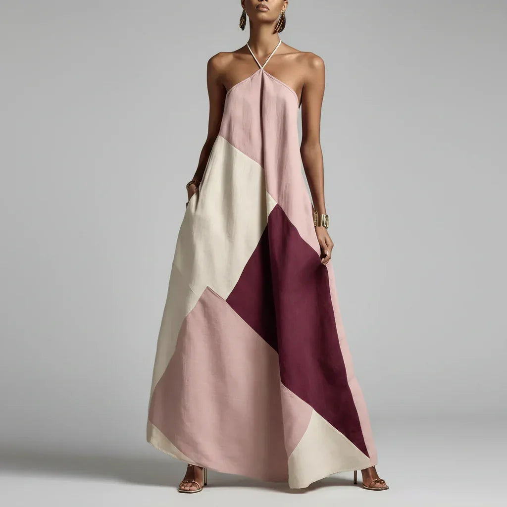 Vestido Longo Halter Patchwork Color Block élégant Lenogue Rosa / p