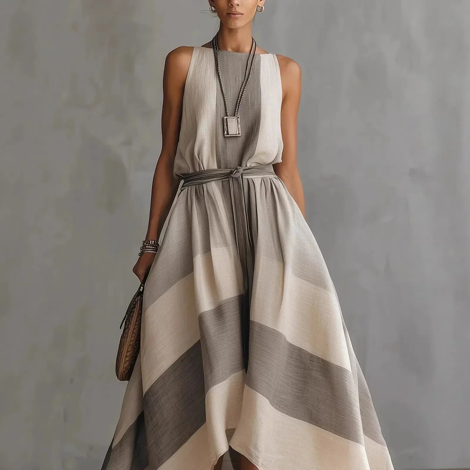 Vestido Longo Listrado Cinza Cinto Assimétrico Chic Lenogue