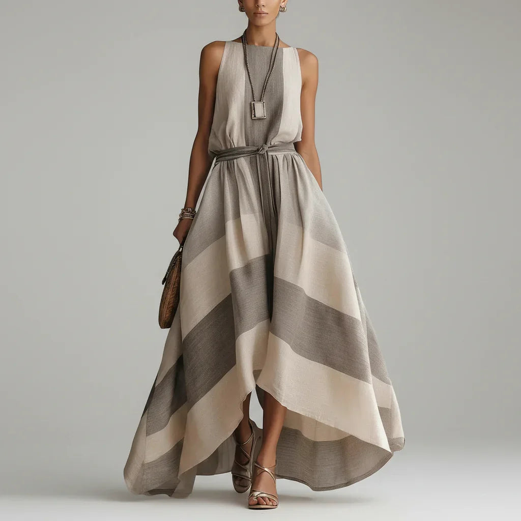 Vestido Longo Listrado Cinza Cinto Assimétrico Chic Lenogue / p