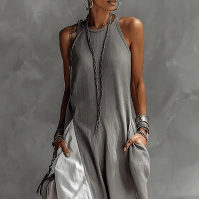 Vestido Longo Patchwork Color Block sem Manga Boho Lenogue