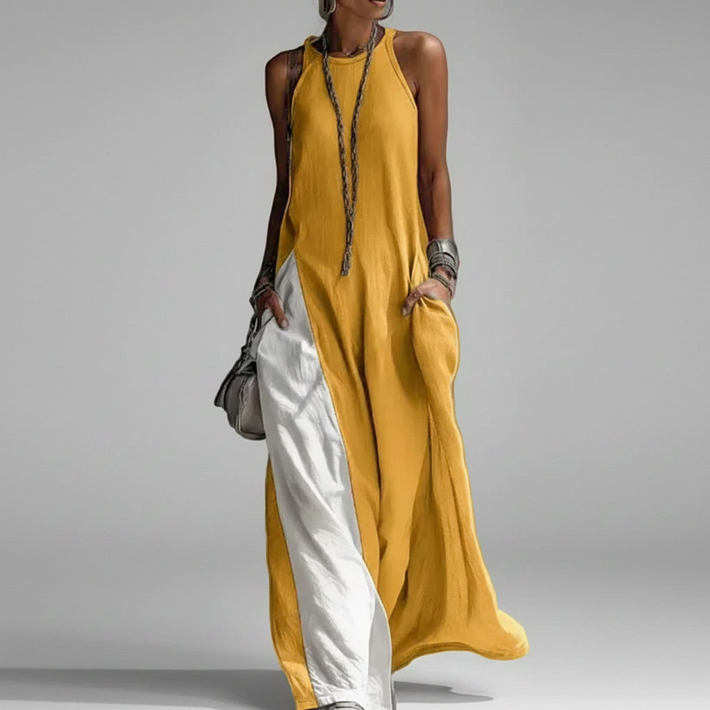 Vestido Longo Patchwork Color Block sem Manga Boho Lenogue Amarelo / p