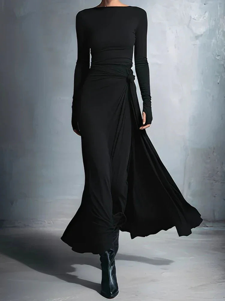 Vestido Longo Patchwork Gola Redonda Manga Longa Lenogue