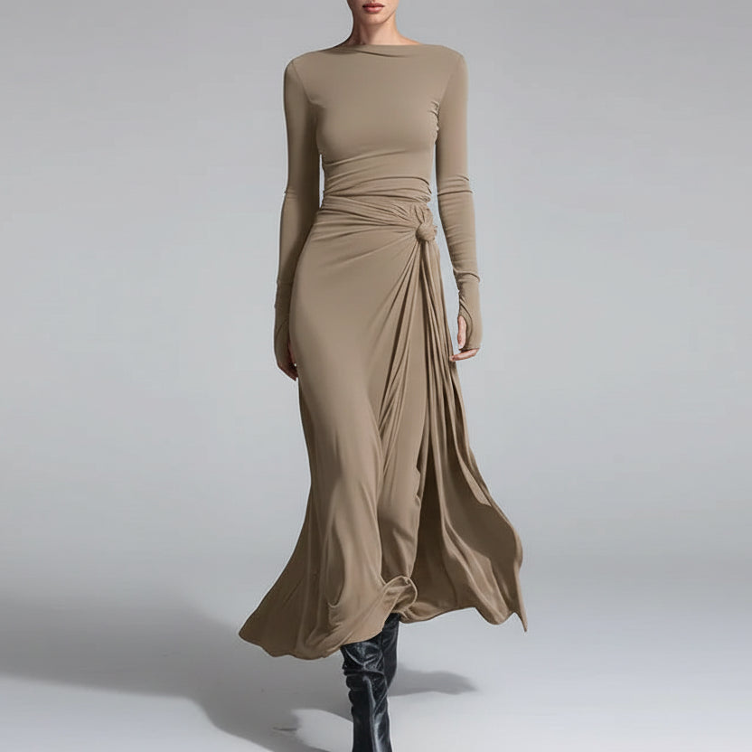 Vestido Longo Patchwork Gola Redonda Manga Longa Lenogue Bege / p