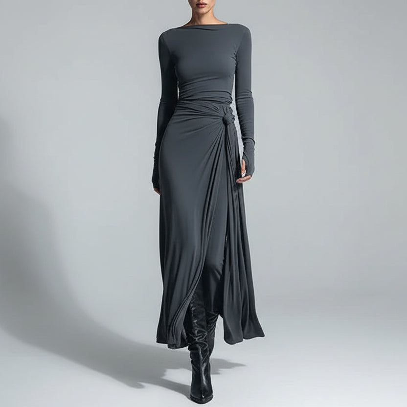 Vestido Longo Patchwork Gola Redonda Manga Longa Lenogue Cinza / p