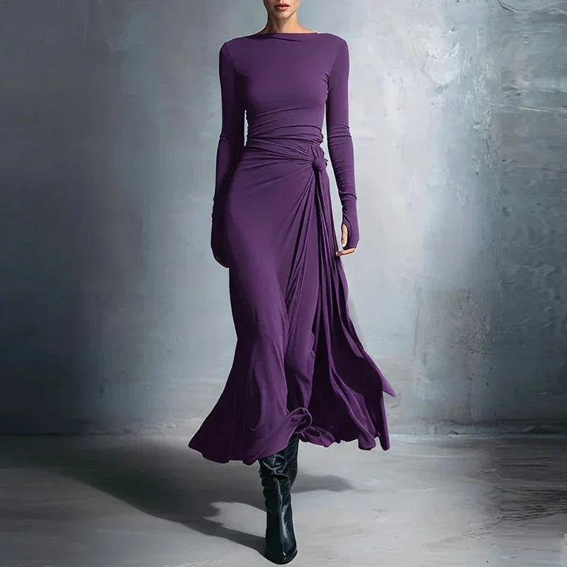 Vestido Longo Patchwork Gola Redonda Manga Longa Lenogue Roxo / p