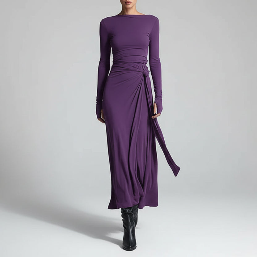 Vestido Longo Patchwork Gola Redonda Manga Longa Lenogue Roxo / p