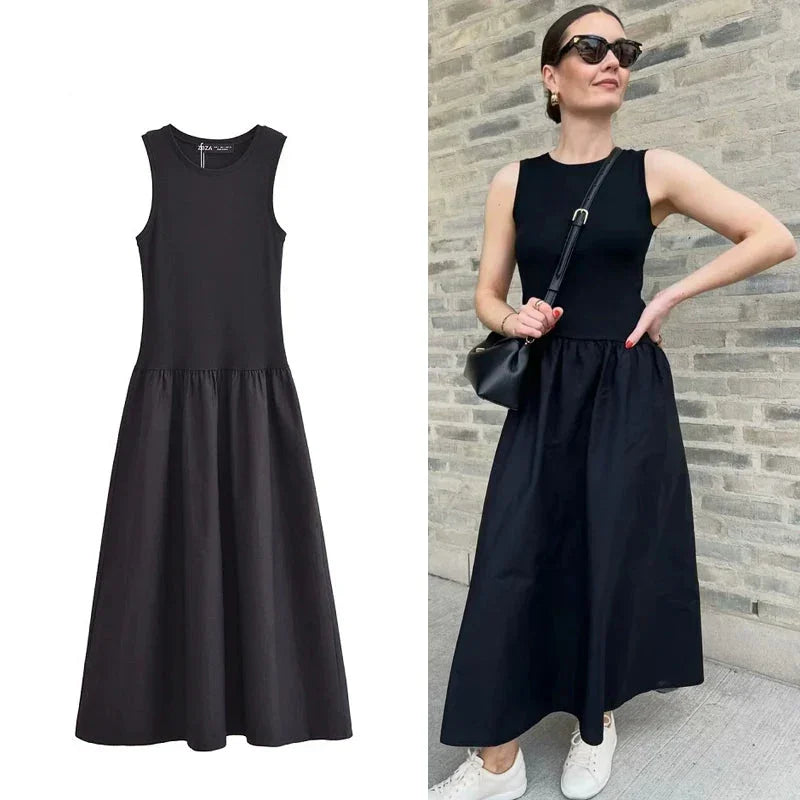 Vestido Longo Plissado em Tricot Preto para Festas Lenogue