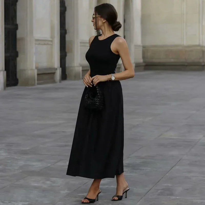 Vestido Longo Plissado em Tricot Preto para Festas Lenogue / p