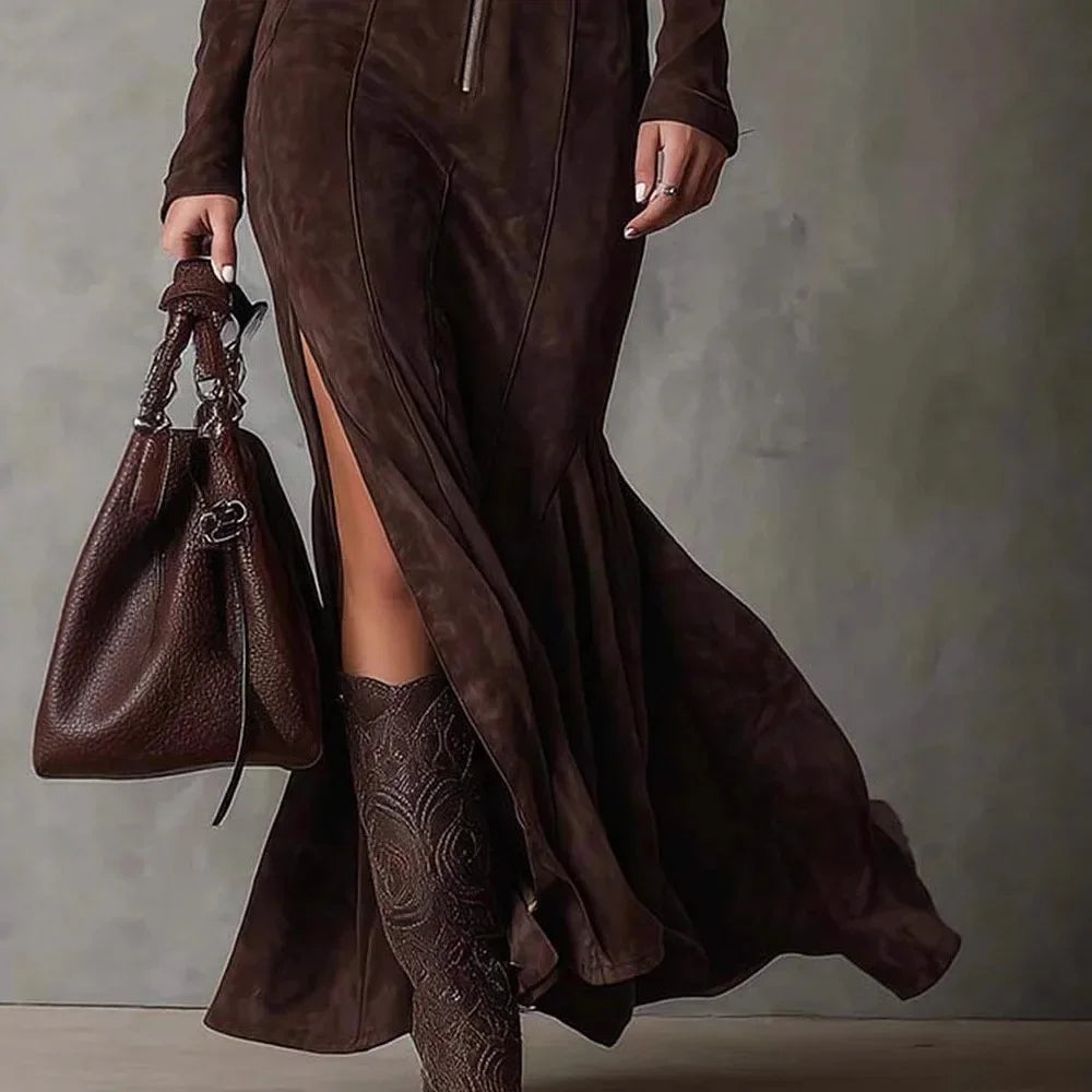 Vestido Longo Gola Redonda Zíper e Fenda Lenogue