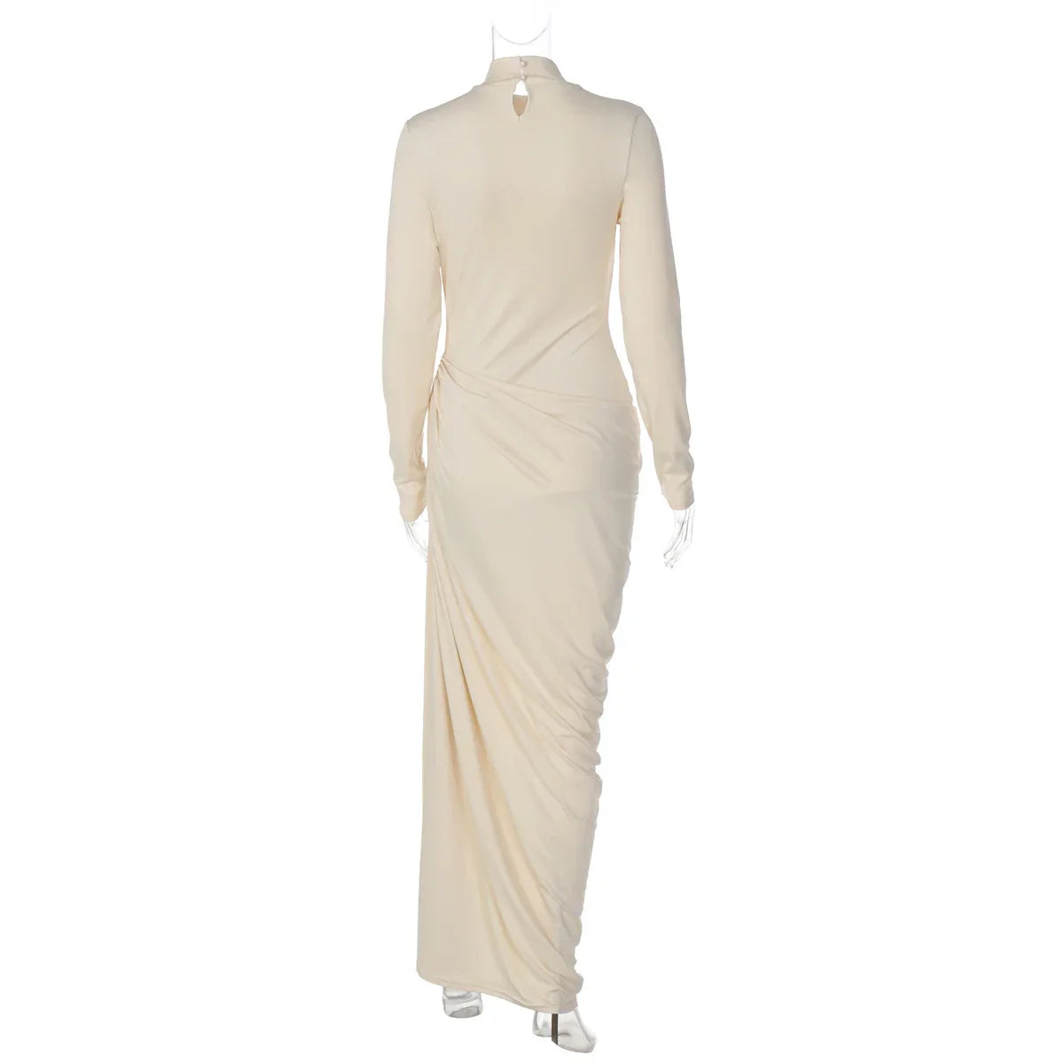 Vestido Longo Tubinho Gola Alta com Franzido Manga Longa Lenogue