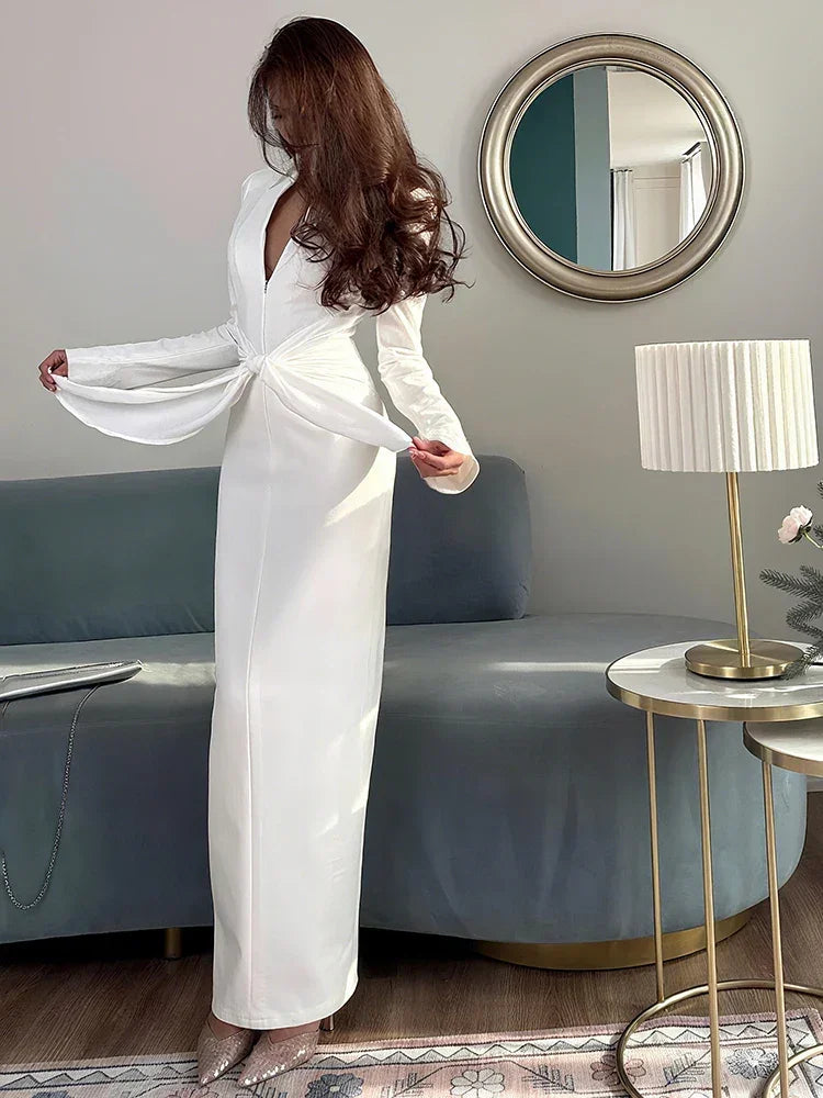 Vestido Longo Tubinho Gola Lapela Ombreiras com Zíper e Fenda Lenogue