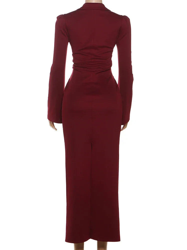 Vestido Longo Tubinho Gola Lapela Ombreiras com Zíper e Fenda Lenogue