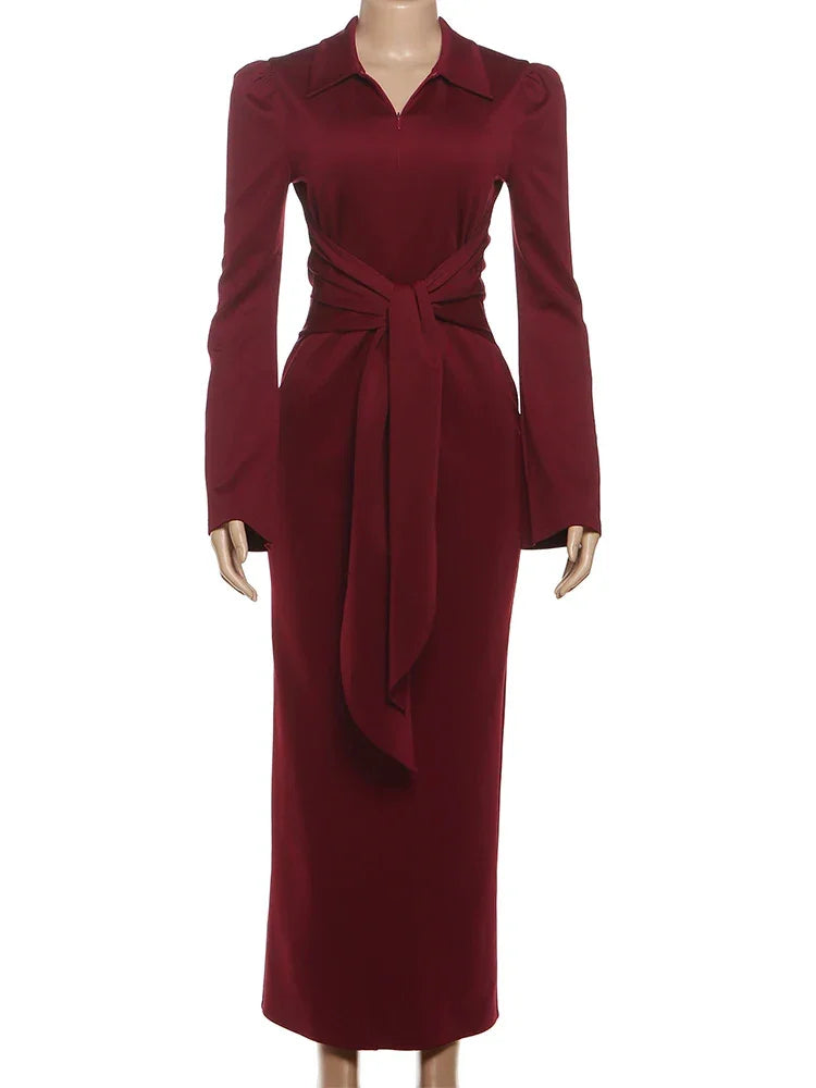 Vestido Longo Tubinho Gola Lapela Ombreiras com Zíper e Fenda Lenogue