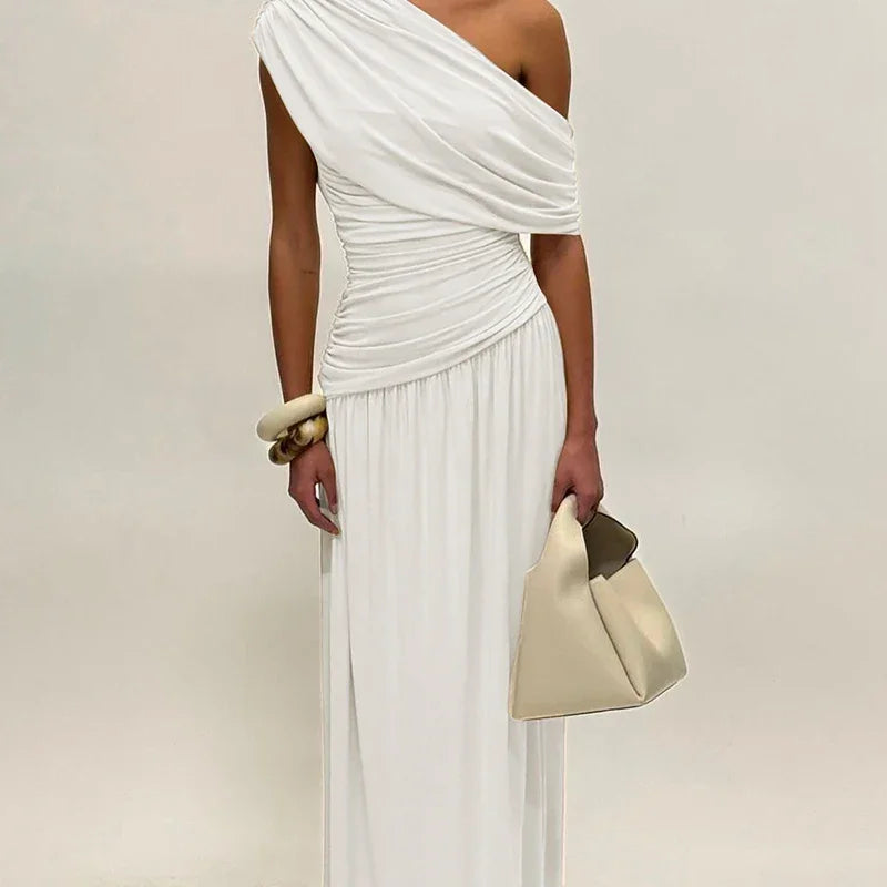 Vestido Longo um Ombro só com Franzido e Pregas Lenogue