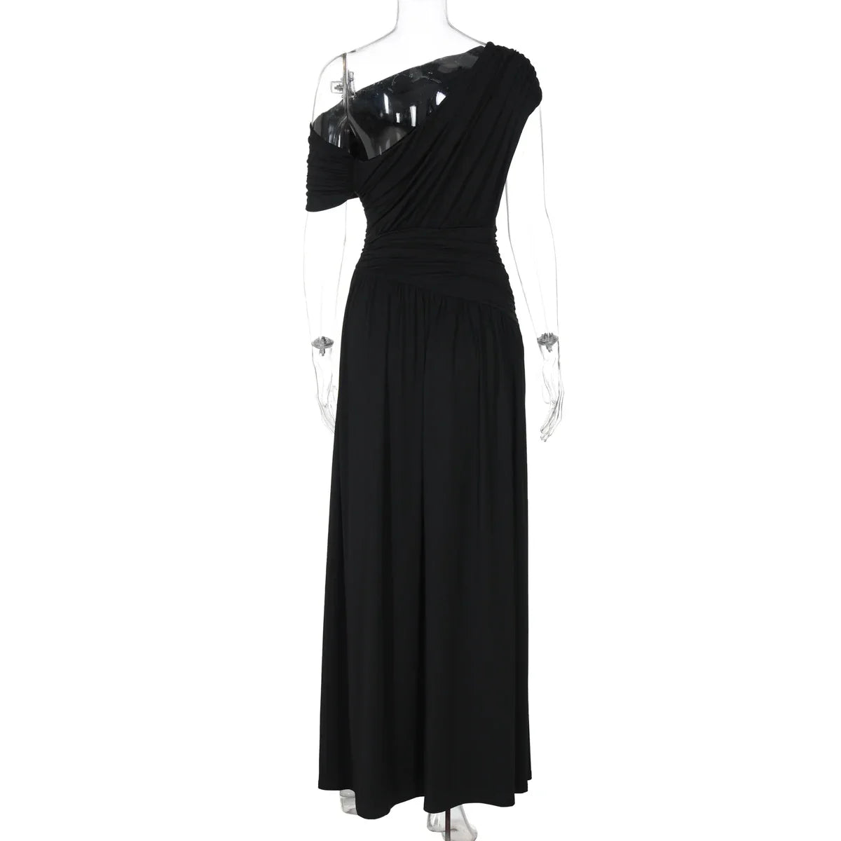 Vestido Longo um Ombro só com Franzido e Pregas Lenogue