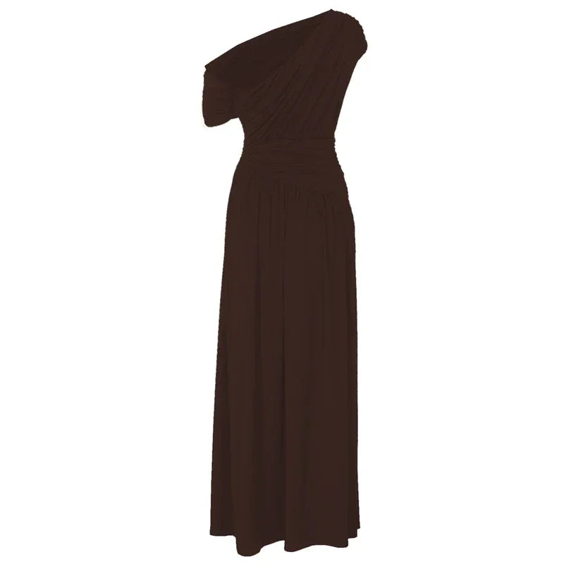 Vestido Longo um Ombro só com Franzido e Pregas Lenogue