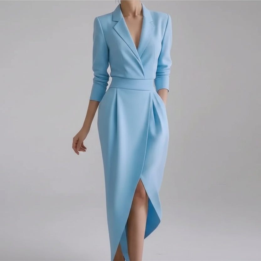 Vestido Midi Alfaiataria Gola Blazer Manga Longa Lenogue Azul / p