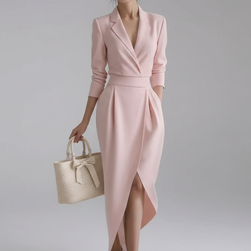 Vestido Midi Alfaiataria Gola Blazer Manga Longa Lenogue Rosa / p