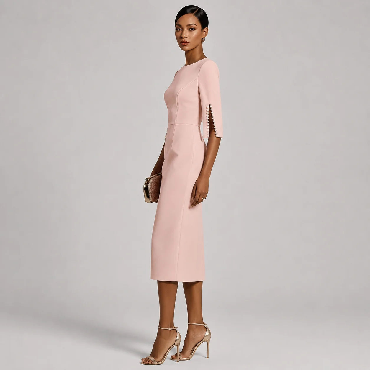 Vestido Midi com Aplicações de Miçangas Slim Soirée Lenogue