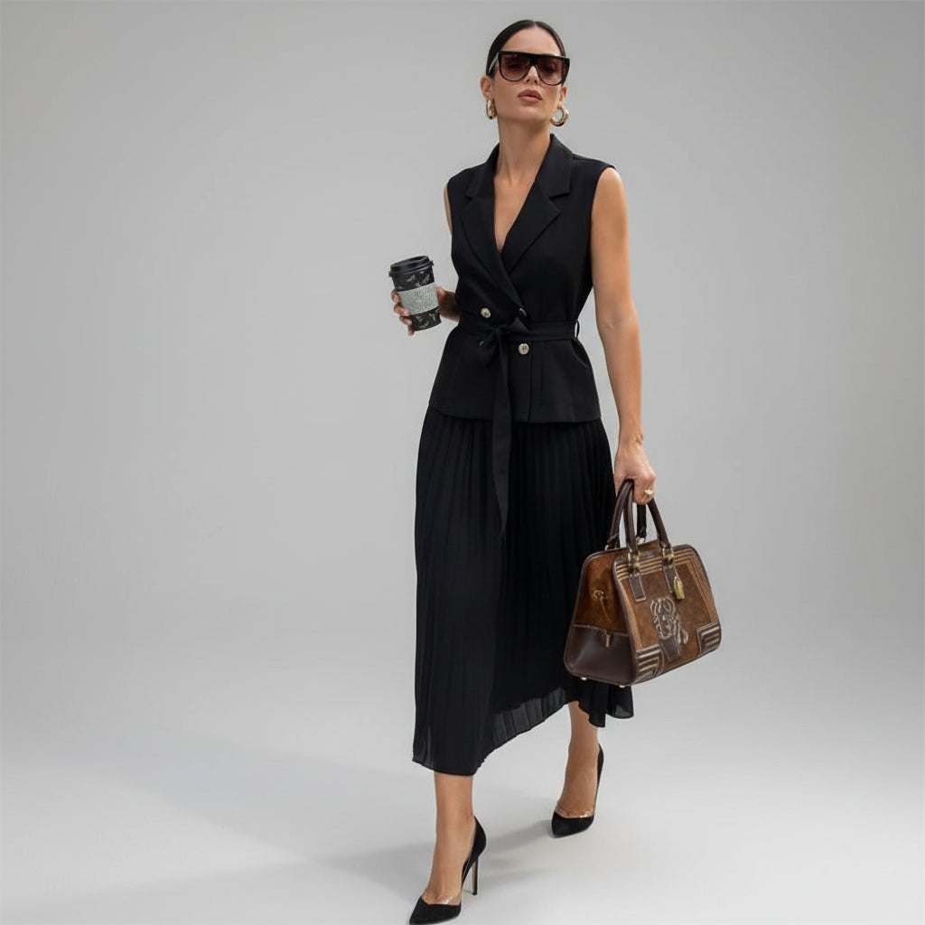 Vestido Midi com Corset Plissado para Eventos e Festas Lenogue Preto / p