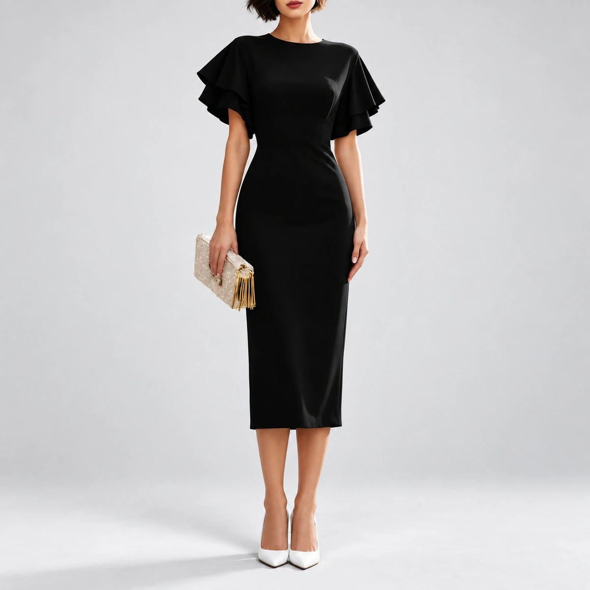 Vestido Midi com Manga Bufante e Gola Luxe Lenogue