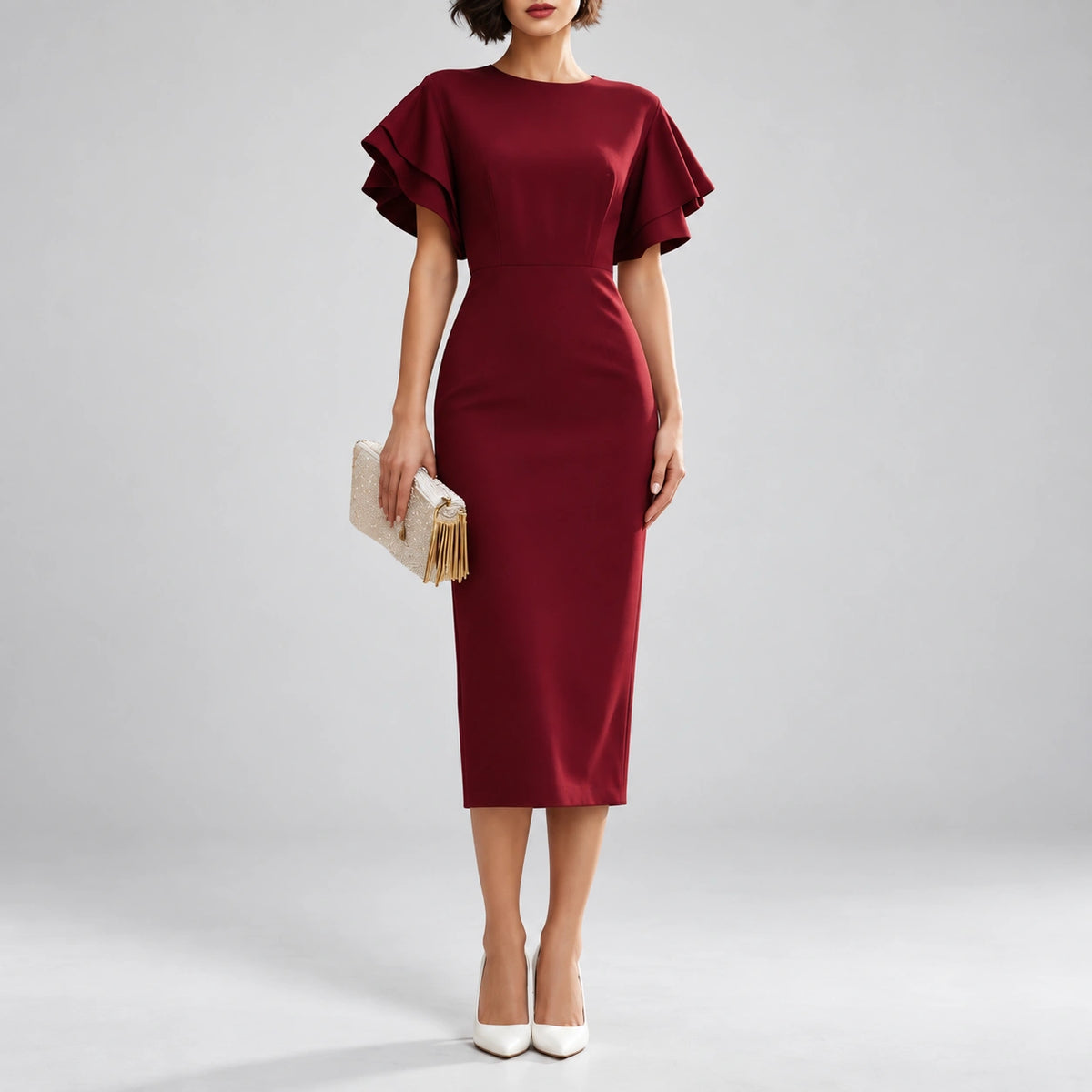 Vestido Midi com Manga Bufante e Gola Luxe Lenogue