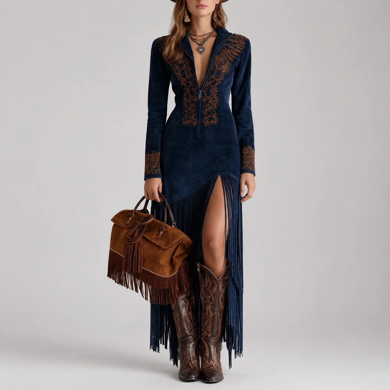 Vestido Midi com Manga Longa Decote v Floral e Fenda élégant Lenogue Azul Escuro / Pp