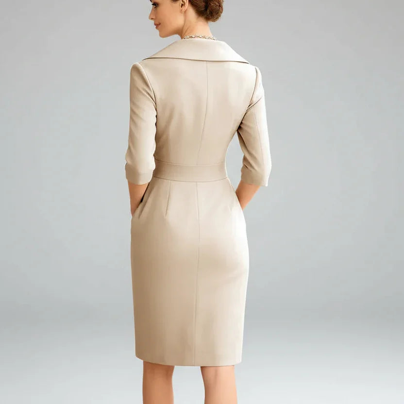 Vestido Midi de Gola Lapela Modelagem Slim Lenogue
