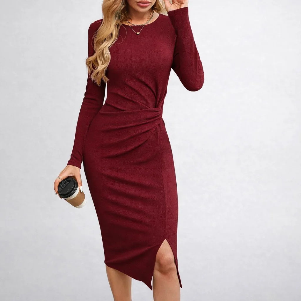 Vestido Midi de Gola Redonda com Nó e Fenda Lenogue Vermelho / p